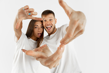 Image showing Portrait of beautiful couple isolated on white studio background