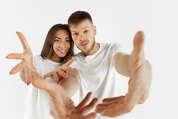 Image showing Portrait of beautiful couple isolated on white studio background