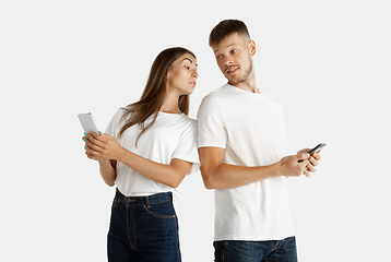 Image showing Portrait of beautiful couple isolated on white studio background