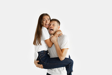 Image showing Portrait of beautiful couple isolated on white studio background