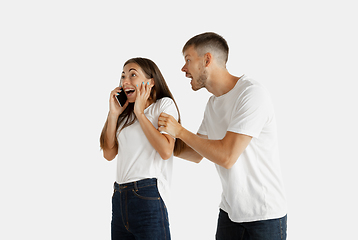 Image showing Portrait of beautiful couple isolated on white studio background