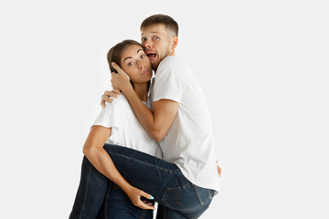 Image showing Portrait of beautiful couple isolated on white studio background