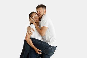 Image showing Portrait of beautiful couple isolated on white studio background