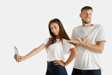 Image showing Portrait of beautiful couple isolated on white studio background