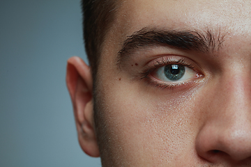 Image showing Close-up portrait of young man isolated on grey studio background