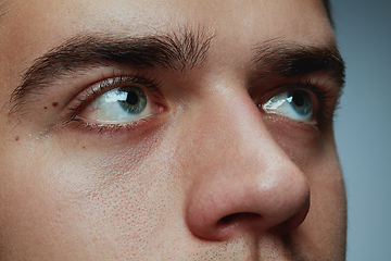 Image showing Close-up portrait of young man isolated on grey studio background