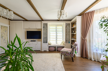 Image showing Classic brown and white living room interior