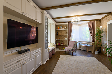 Image showing Classic brown and white living room interior