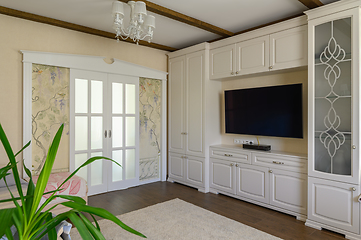 Image showing Classic brown and white living room interior