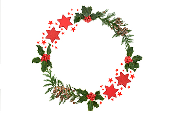 Image showing Christmas Holly and Cedar Wreath with Red Stars