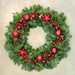 Image showing Christmas Wreath with Winter Flora and Baubles
