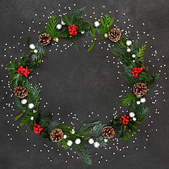 Image showing Abstract Christmas Wreath with Baubles and Winter Flora