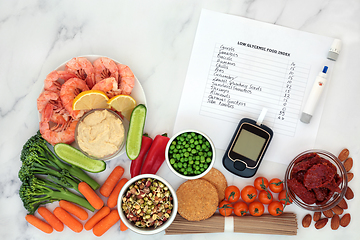 Image showing Low Glycemic Diabetic Food with Testing Devices and GI List