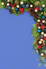 Image showing Christmas Bauble and Winter Greenery Border