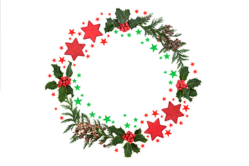 Image showing Christmas Wreath with Stars and Winter Greenery 