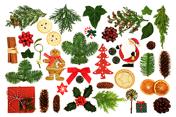 Image showing Retro Symbols of Christmas with Baubles and Winter Greenery