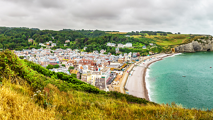 Image showing Panorama of natural chalk cliffs of Etretat