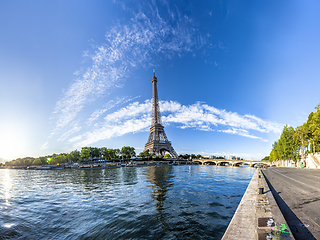 Image showing Panorama of the Eiffel Tower and riverside of the Seine in Paris