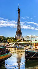 Image showing Two river boats near Eiffel tower in Paris, France