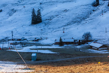 Image showing Orphaned mountain pastures and ski lifts in a ski area