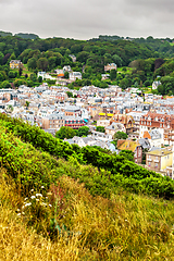 Image showing Panorama of natural chalk cliffs of Etretat