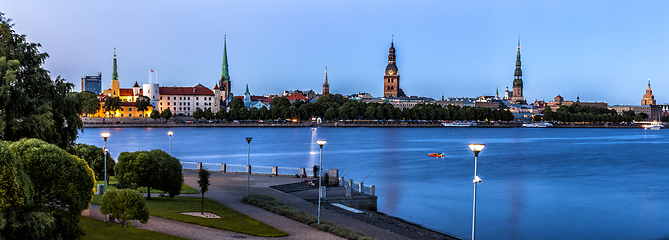 Image showing Traditional Riga skyline during blue hour.