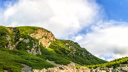 Image showing Polish Tatra mountains summer landscape with blue sky and white clouds.