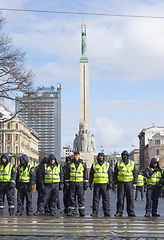 Image showing Police line infront Freedom Monument in Riga, Latvia