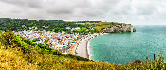 Image showing Panorama of natural chalk cliffs of Etretat