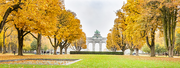 Image showing Fall trees in Jubelpark and Triumphal Arch in Brussels, Belgium.