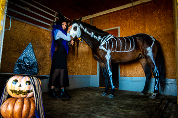 Image showing A girl in a witch costume holds a horse by the bridle in a corral on a farm, a skeleton is painted on a horse in white paint