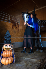 Image showing A girl in a witch costume hugs a horse in a corral, in the foreground an evil figure of pumpkins