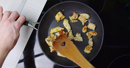 Image showing Preparing low fat fried chicken for dinner on induction plates