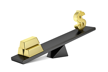 Image showing Gold bars and dollar sign on seesaw