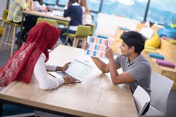 Image showing black muslim business woman having a meeting with her indian mal