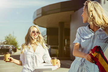 Image showing Young lesbian\'s couple preparing for vacation trip on the car in sunny day