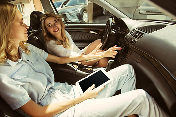 Image showing Young lesbian\'s couple preparing for vacation trip on the car in sunny day