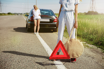 Image showing Young lesbian\'s couple going to vacation trip on the car in sunny day