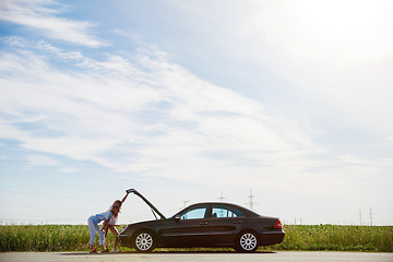 Image showing Young lesbian\'s couple going to vacation trip on the car in sunny day