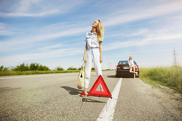 Image showing Young lesbian\'s couple going to vacation trip on the car in sunny day