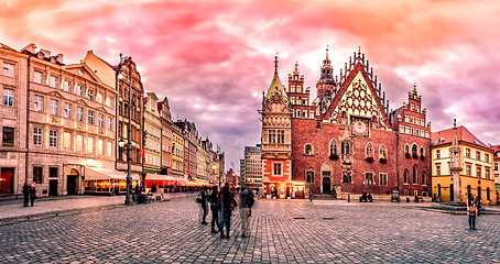 Image showing Wroclaw Market Square with Town Hall during sunset evening, Pola