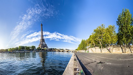 Image showing Panorama of the Eiffel Tower and riverside of the Seine in Paris