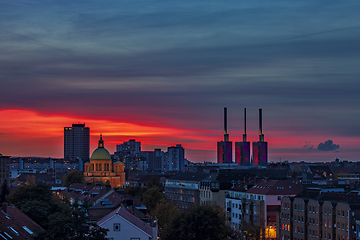 Image showing Hanover city skyline on colorful sunset sky