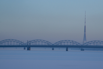 Image showing Railway bridge in winter time, Riga.