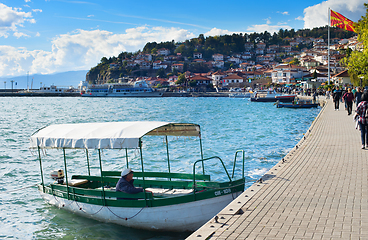 Image showing Lake boat tourists. Ohrid, Macedonia