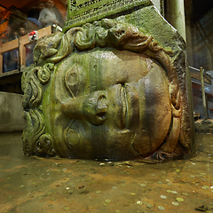 Image showing Gorgon Medusa head in underground Basilica Cistern the largest ancient water reservoirs, Istanbul, Turkey