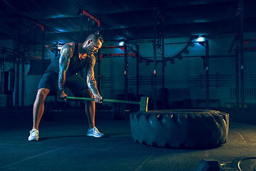 Image showing Young healthy man athlete doing exercise in the gym