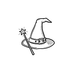 Image showing Wizard hat and magic wand hand drawn sketch icon.