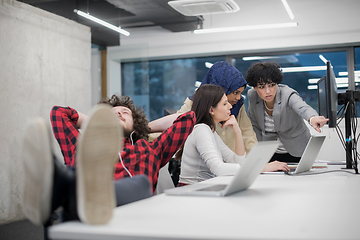 Image showing software developer resting with legs on desk