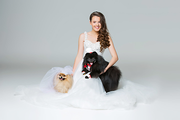 Image showing bride girl with Spitz dog wedding couple